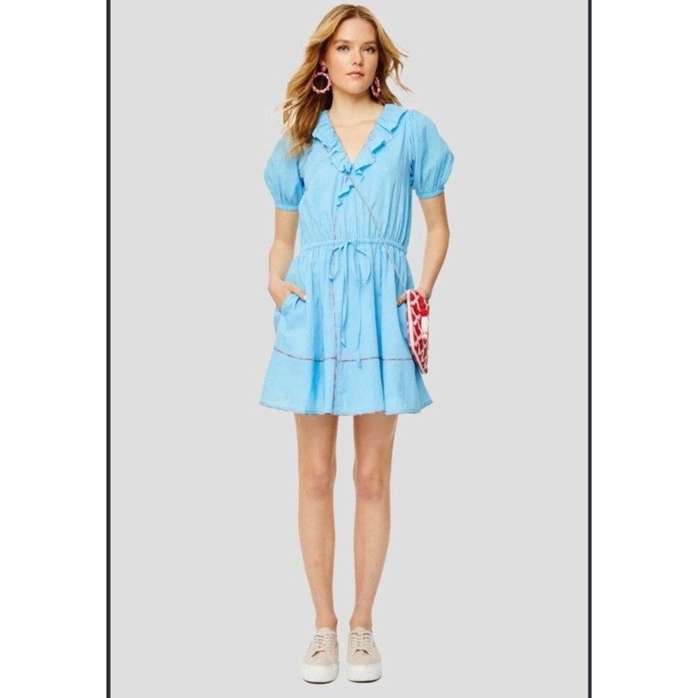 Roller Rabbit M Mini Ruffle Neck Blue Dress Brita Rainbow Trim Wrap Preppy